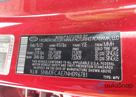 2022 Hyundai Tucson Sel z USA, uszkodzony, nr VIN 5NMJFCAE7NH096781